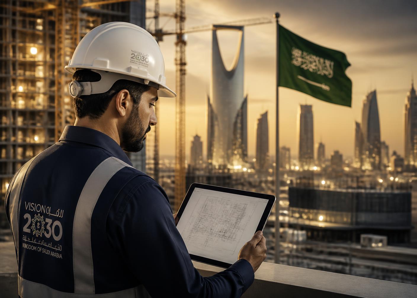 Engineer reviewing construction drawings on site